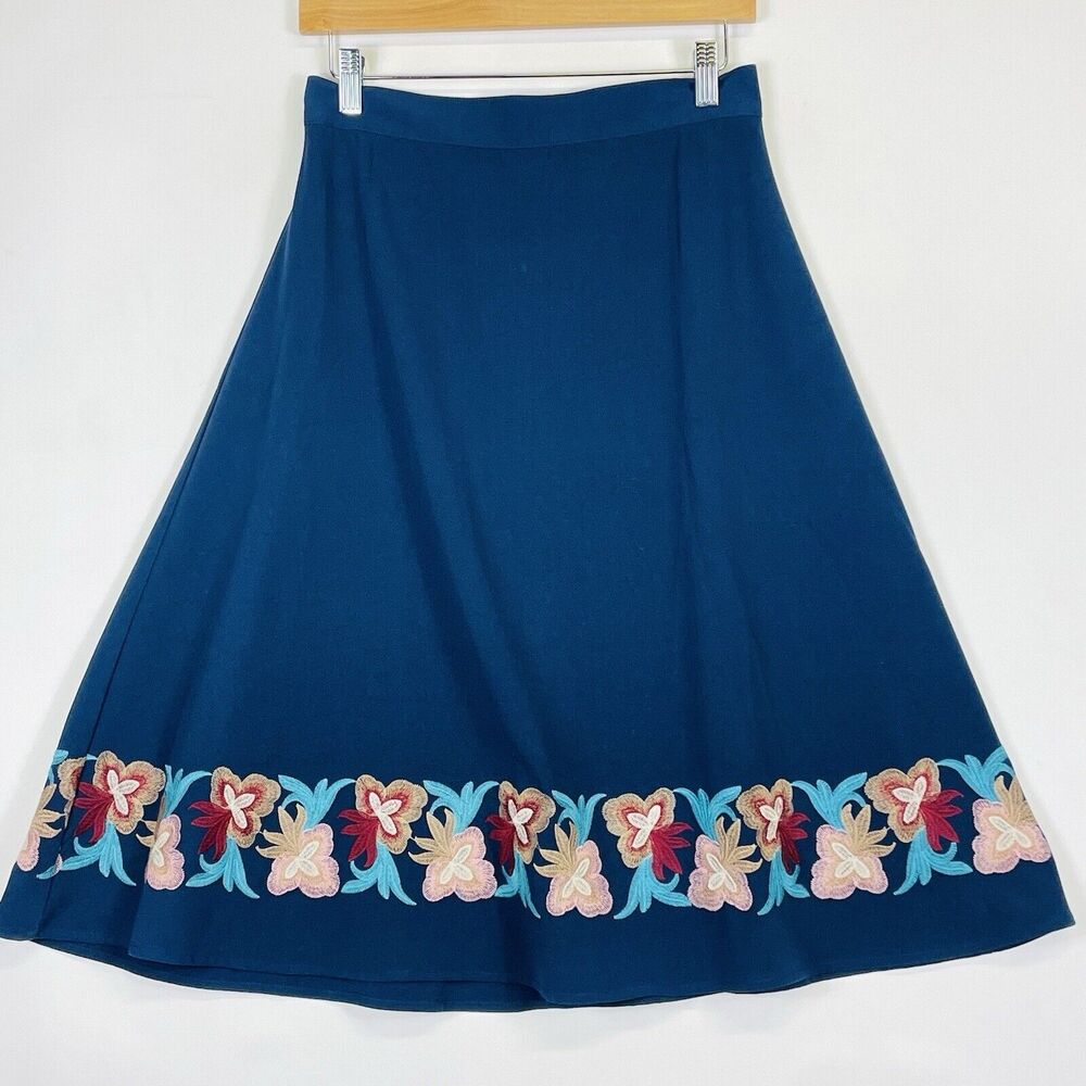 Moon Navy Blue Floral Embroidered Hem Back Zip A-Line Knee‎ Skirt Women's Small